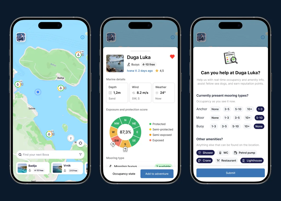 Three BOVA app screens: the live map, a destination’s details and the arrival report