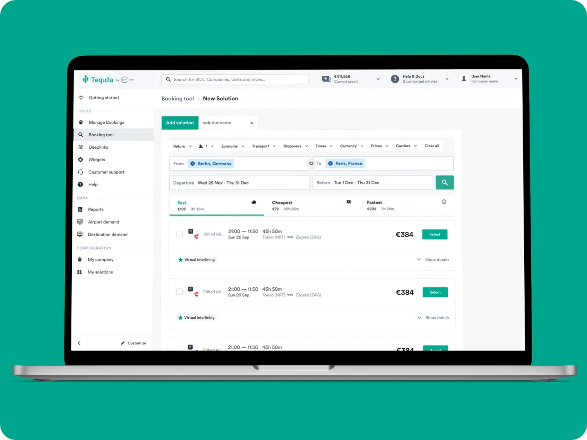 Booking tool: a flight search from Berlin to Paris with result cards