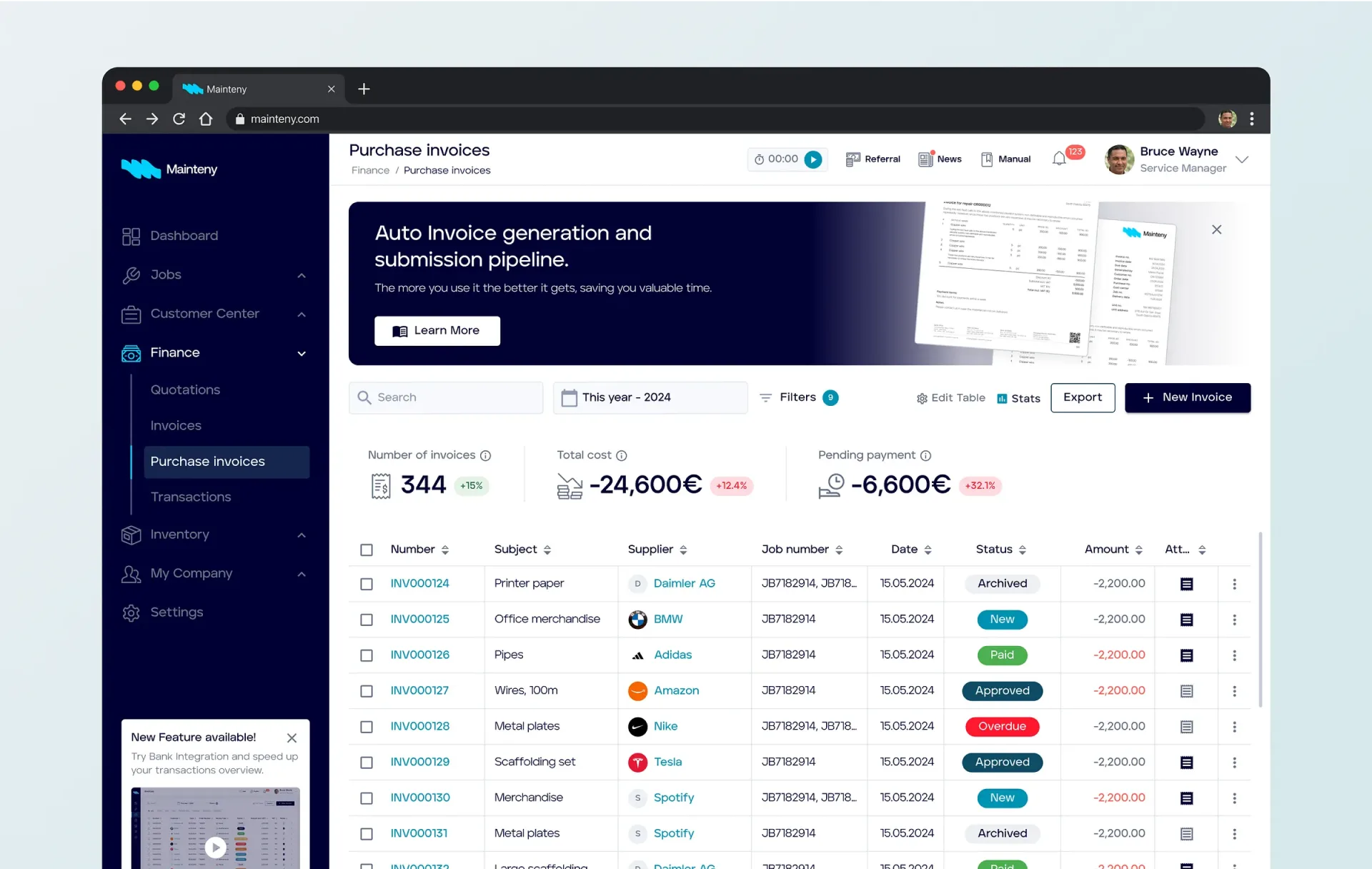 Mainteny’s purchase invoices screen: invoice totals, costs and a table of supplier invoices
